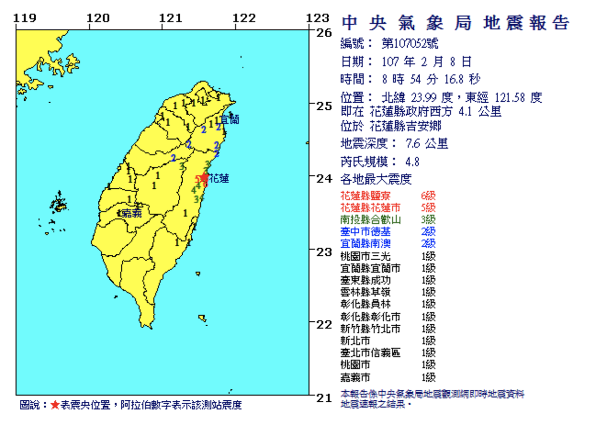花蓮0206強震後，餘震仍不斷。 圖：翻攝中央氣象局