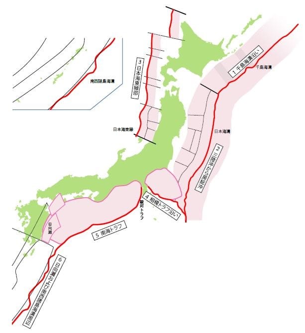日本政府的地震調查委員會公布日本地震調查報告，發現南海海溝及根室海域30年內發生大地震的機率，首度提高到8成。圖為日本海溝分布。 圖/取自日本地震研究中心網頁www.jishin.go.jp