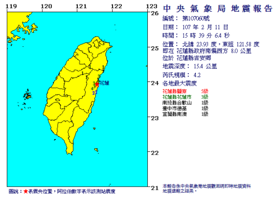今(11)天下午15:39花蓮再次發生地震！ 圖：中央氣象局