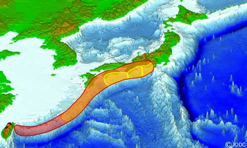 超巨大東海地震、東南海地震、東海地震預測惡震源域地圖。 圖：翻攝The Atlas for Emigration網站(http://emigration-atlas.net/)