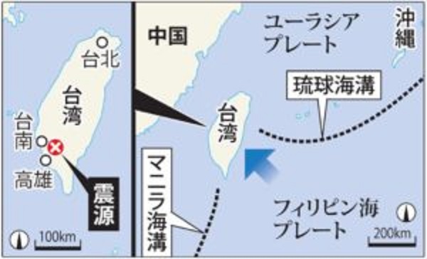 台灣東部地震，在日本看來，不但是在日本附近發生的，而且跟南海海溝的發生源的菲律賓海板塊是一樣的，讓日本人非常不安。 圖：翻攝每日新聞（https://mainichi.jp/articles/20160206/k00/00e/040/201000c）