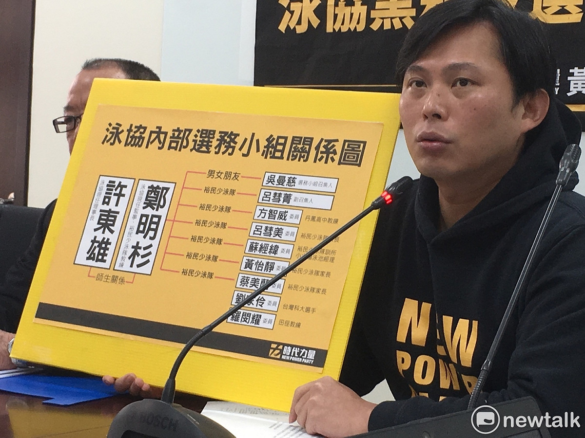 泳協日前爆出人頭會員灌水疑雲，時代力量立委黃國昌今（12）日早上協同前游泳國手唐聖捷等人再度召開記者會，控訴泳協選務小組成員如何產生「無人知道。」 圖：黃韋銓/攝