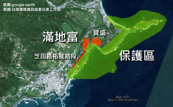 透過內政部營建署的「海岸地區管理資訊網」圖層套疊可發現，滿地富開發位置位於即將公告的「重要海岸景觀區」特定區位。 圖 : 地球公民基金會 / 提供