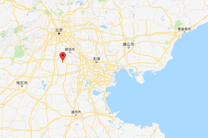 中國河北省廊坊市永清縣今（12）日傍晚發生芮氏規模4.3地震，60多公里外的北京市建築物因為地震而搖晃。 圖：翻攝Google Map