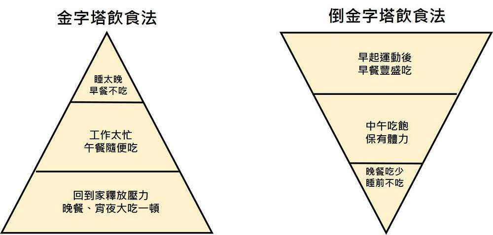 有些年輕人使用金字塔飲食法，但倒金字塔飲食才是正確觀念。 圖：台北慈濟醫院/提供