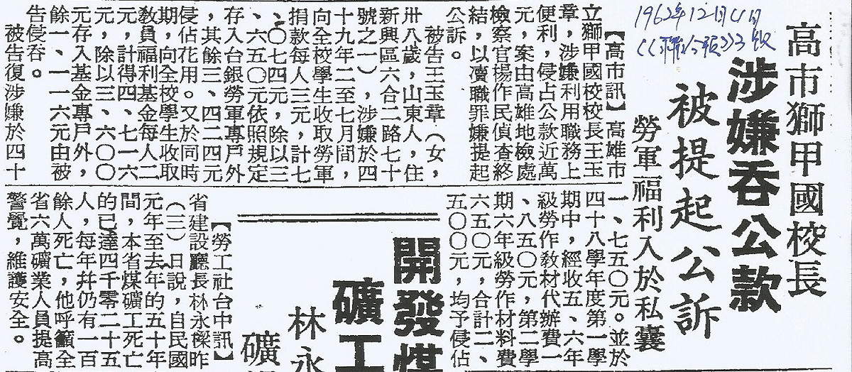 《剪報4》1962年12月4日《聯合報》3版報導，高市獅甲國校長王玉章，將小學生的被迫樂捐納入私囊，直接用搶的更快。 圖：管仁健提供剪報