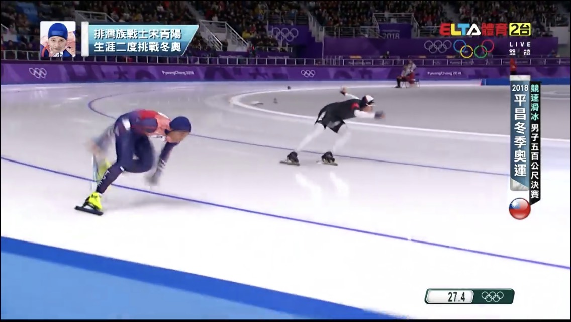 平昌冬奧代表台灣第7組的排灣戰士宋青陽，今(19)日在競速滑冰男子組500公尺決賽，滑出35.86秒暫居第14名，在27.4秒時，因鞋子裡面的零件斷裂，導致重心不穩，出現打滑失誤，這個失誤讓宋青陽與奪金無緣。 圖:擷取自ELTA體育台臉書直播