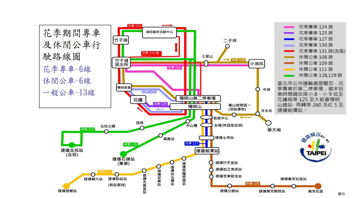 陽明山花季周邊大眾運輸路線。 圖：台北市交通局提供