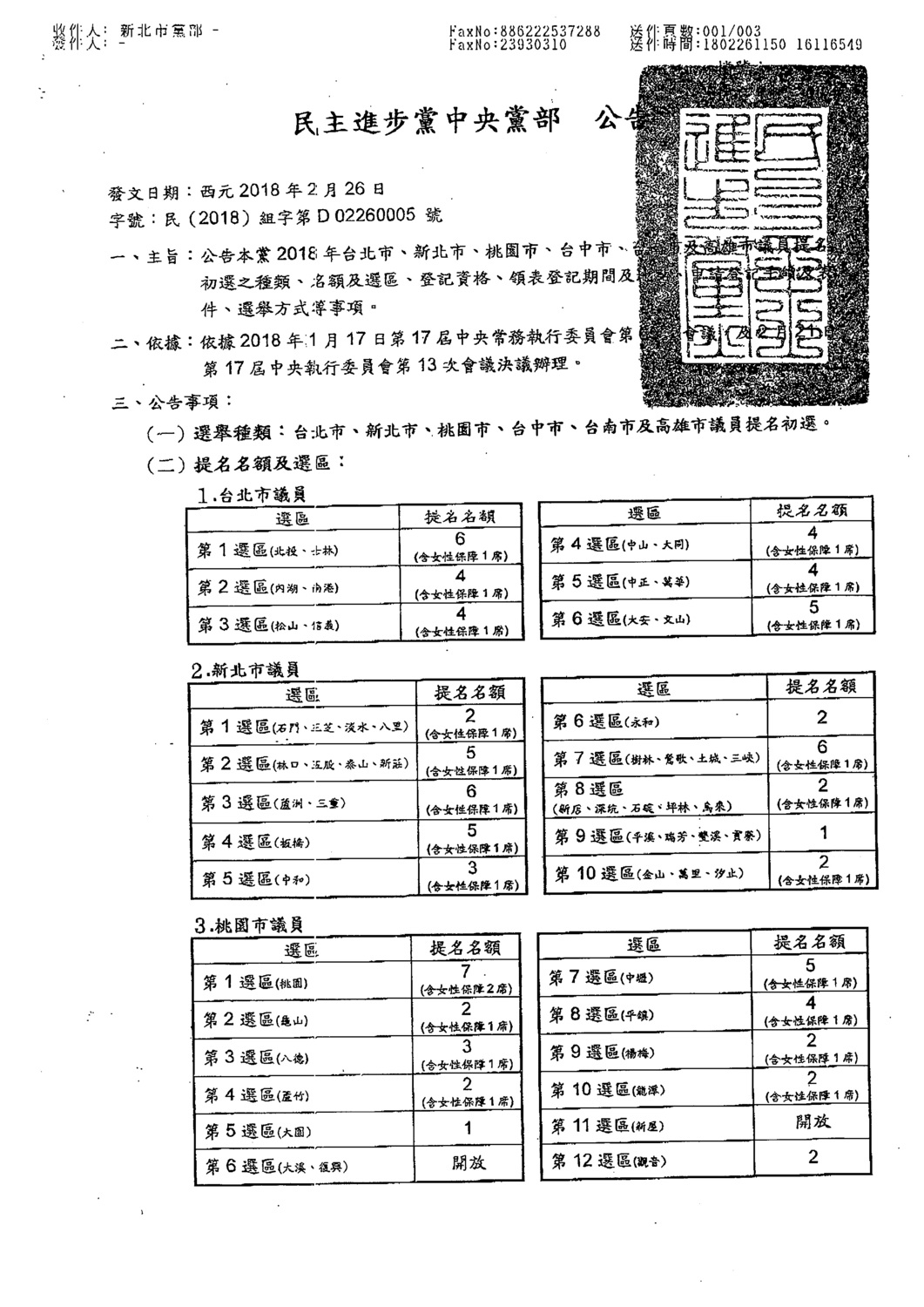 民進黨中央黨部今天公告直轄市議員提名初選作業。 圖：王峻昌/翻攝