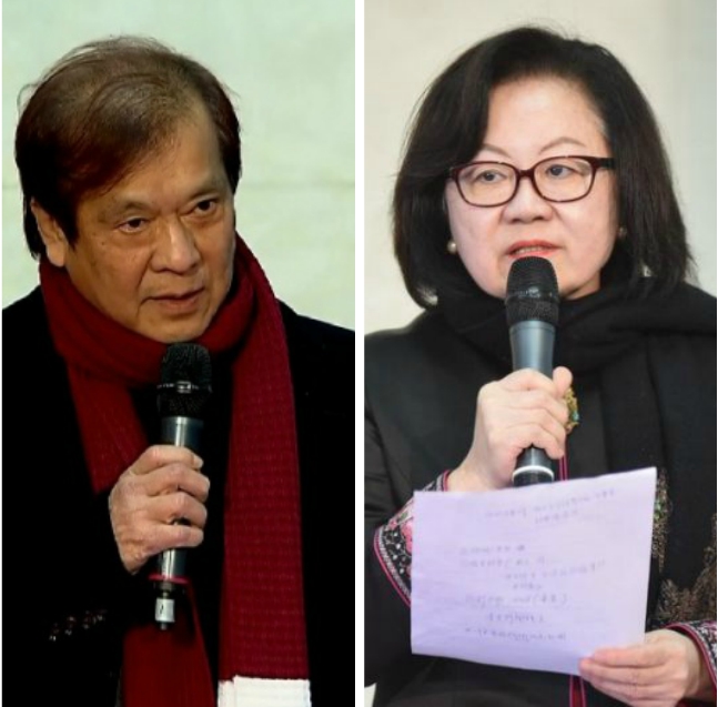 華視今天召開臨時董事會，董事長陳郁秀（右）晚間發表聲明指出，總經理郭建宏（左）不適任案，全票通過維持先前不適任決議。