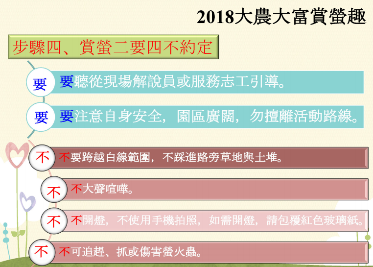 林務局提醒欣賞螢火蟲的注意事項，保護生態。 圖：林務局提供