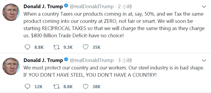 川普2日在推持發文表示，即將開徵互惠稅，以收取和他國向美國收取的相同稅金。 圖：翻攝川普推特