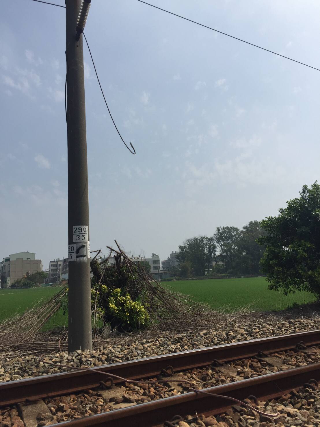 民雄站南邊OS區間因民眾焚燒稻草火勢過大，波及電車綫，導致電車線毀損。 圖：台鐵提供