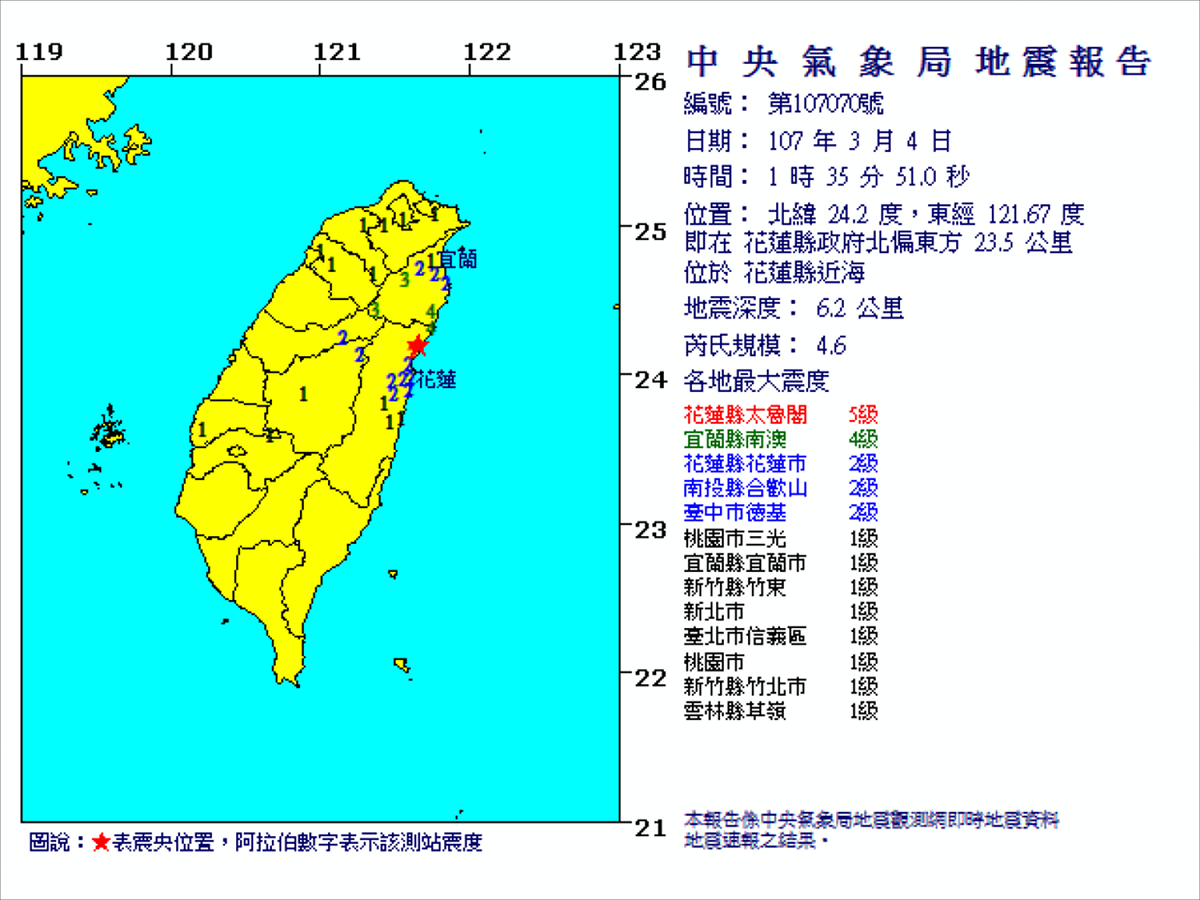 各地最大震度：花蓮縣太魯閣5級、宜蘭縣南澳4級、花蓮縣花蓮市2級、南投縣合歡山2級、台中市德基2級。 圖：翻攝自中央氣象局網站