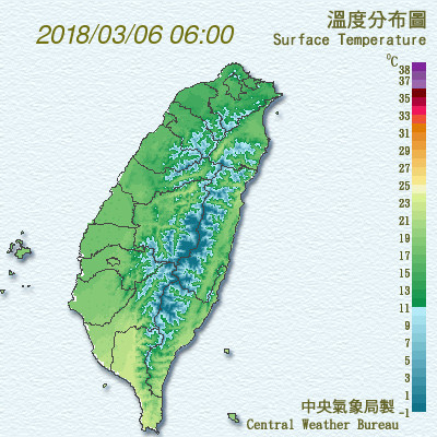 全台受到鋒面過境影響，氣溫驟降，幾乎都在攝氏20度以下。 圖：翻攝中央氣象局