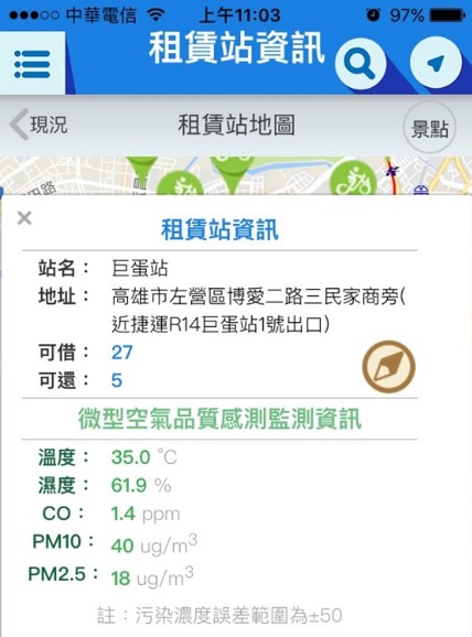 高雄公共腳踏車APP上可即時查詢微型感測器數據。 圖：高雄市環保局／提供