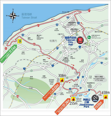 2018國際自由車環台公路大賽，12日第2站將來到桃園市站，將繞行市內10個行政區，比賽距離共計119.95公里。圖為第2站桃園市賽程路線圖。 桃園市警局交通警察大隊提供