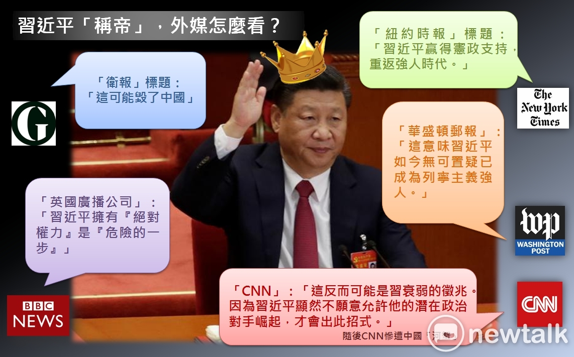 國際主要媒體對習近平「稱帝」看法。 圖：新頭殼製圖