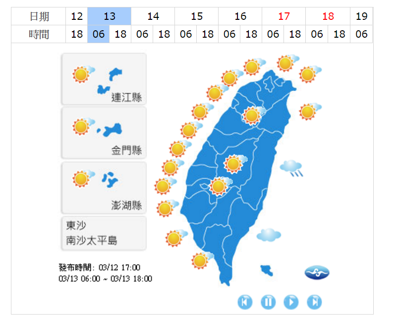 今天持續在東南風吹拂下，白天依舊舒適溫暖，只有東半部地區會有零星短暫雨機會。 圖：中央氣象局提供