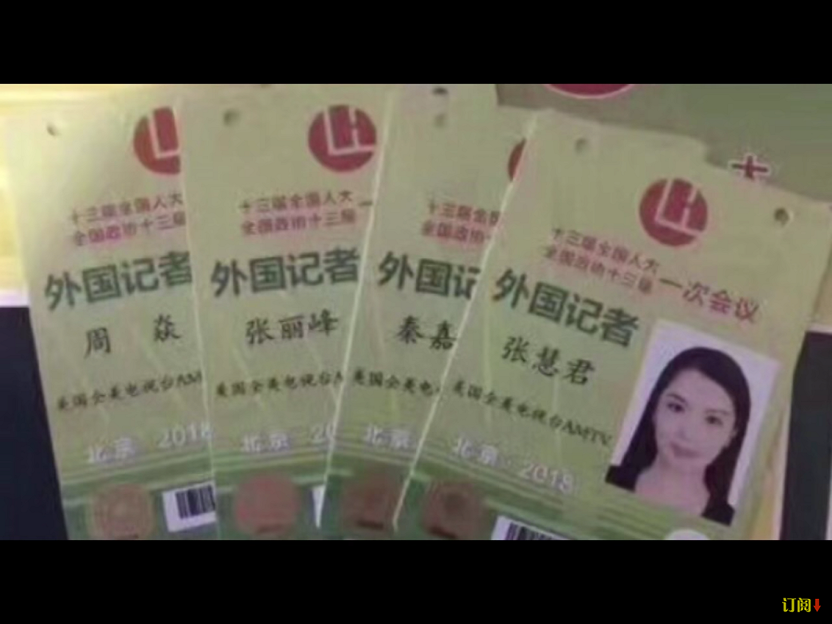 張慧君採訪今年中國全國「兩會」的「外國記者」證，也出現在網路上。 圖：翻攝自Youtube