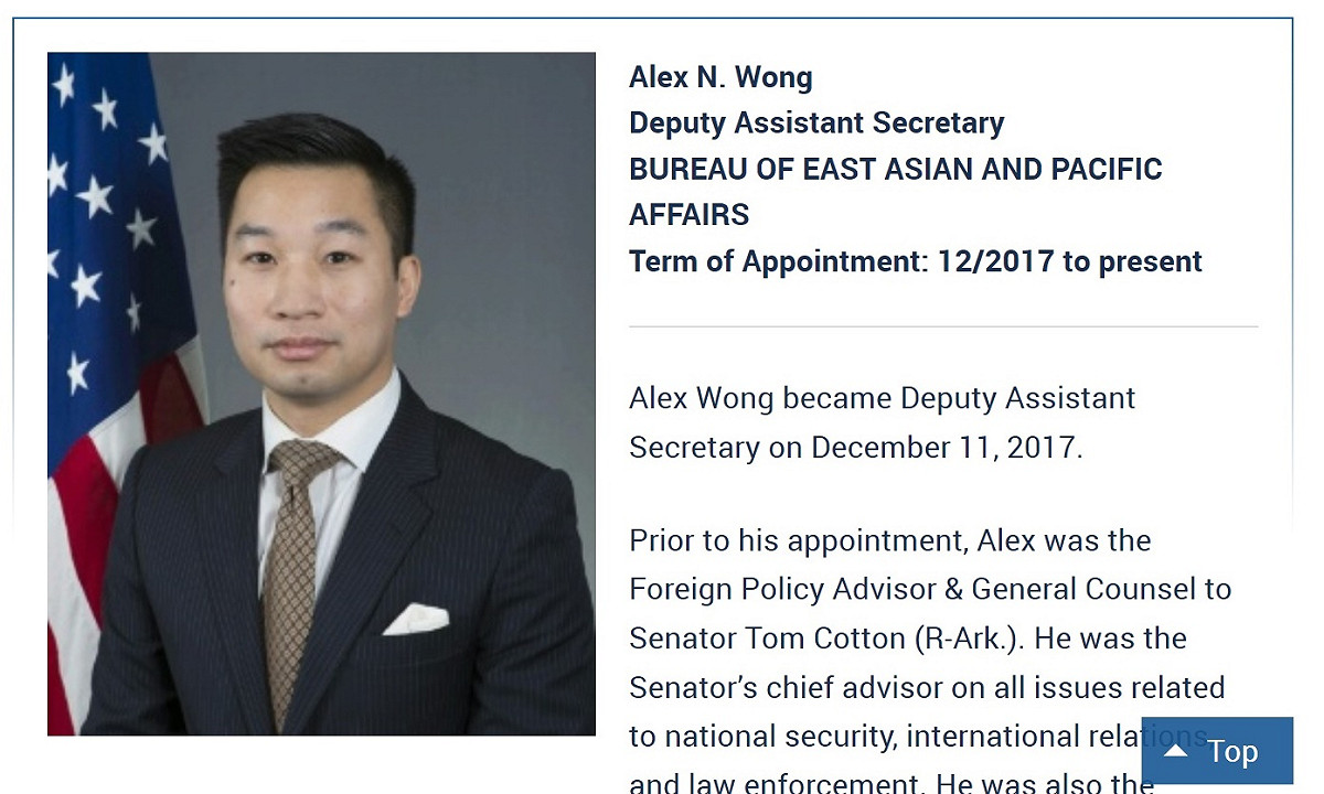 美國國務院東亞暨太平洋事務局副助卿黃之瀚（Alex Wong）20日將底台訪問。 圖：翻攝美國務院網站
