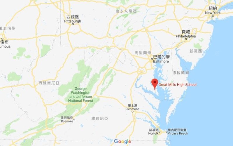 美國東部馬里蘭州大米爾斯中學（紅點處）20日爆發校園槍擊事件。 圖：翻攝Google Map