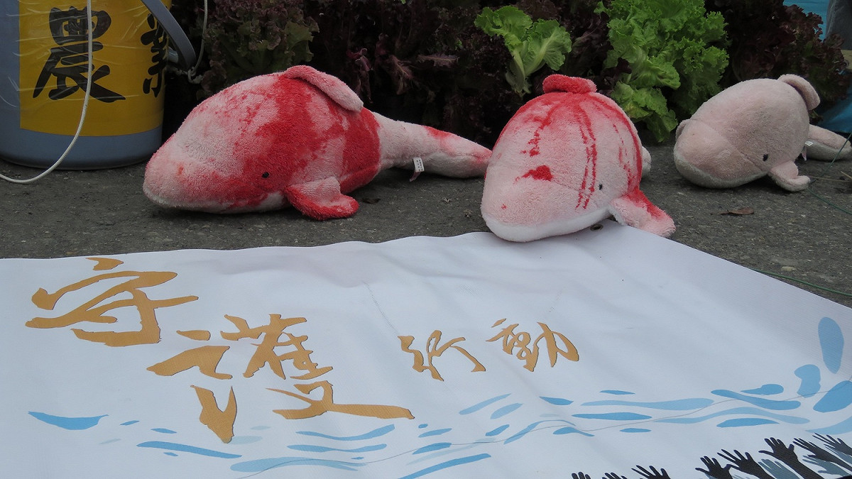 環團將海豚布偶塗上紅漆，象徵白海豚的悲歌。 圖：彰化縣環境保護聯盟/提供