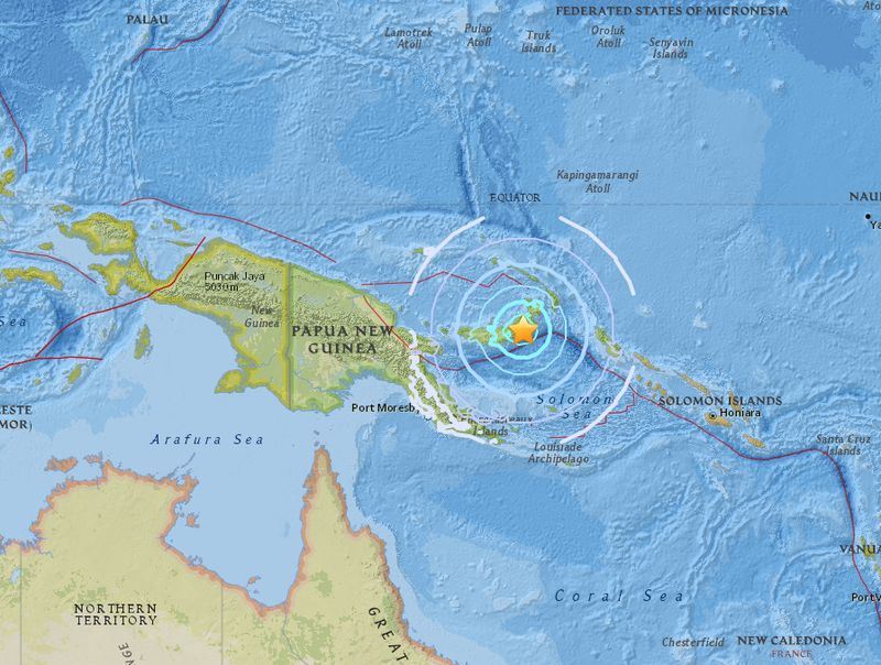 根據美國地質調查所（USGS）的觀測資料顯示，震央在拉布爾（Rabaul）西南方大約180公里處，震源深度為60公里。太平洋海嘯警報中心（Pacific Tsunami Warning Center）指出，不預期會發生毀滅性海嘯。 圖：翻攝自USGS網頁（earthquake.usgs.gov）