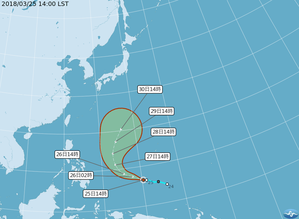 目前鯉魚颱風距離鵝鑾鼻東南方約2700公里，向西北西方向移動，預估對台灣天氣無直接影響。 圖：中央氣象局／提供