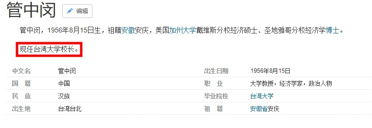 百度百科今(25)日顯示，管中閔為現任台大校長。 圖：翻攝自百度百科