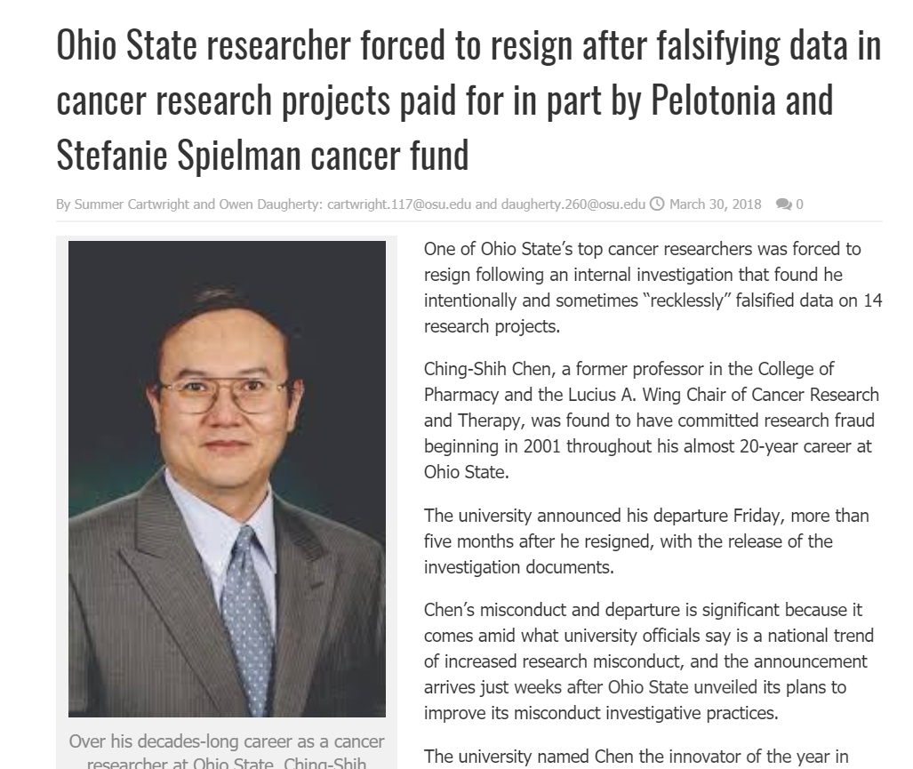 中研院生物化學特聘專員陳慶士在今天遭美國美體與科學期刊紕漏有8篇學術論文造假問題，事情爆發後，陳辭去美國俄亥俄州立大學教職。 圖 : 擷取自The Lantern