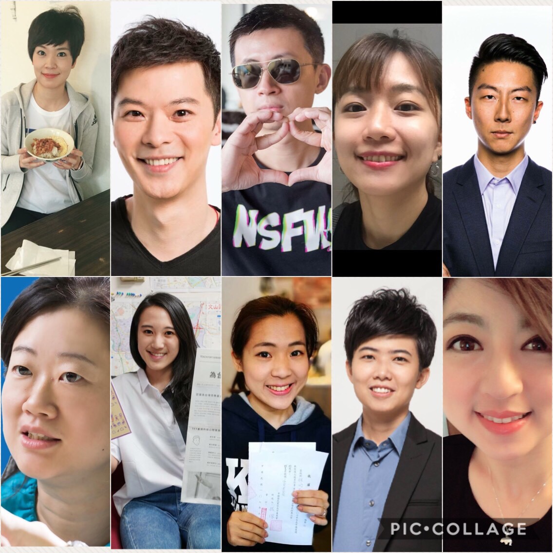 台北市第三、六選區（松山信義區、大安文山區）新人輩出，選情激烈。由左上至右分別為國民黨鍾沛君、李柏毅、網紅呱吉、時代力量林穎孟、吳崢、國民黨王致雅、耿葳、徐巧芯、社民黨苗博雅、呂欣潔。 圖：合成照，翻攝自臉書