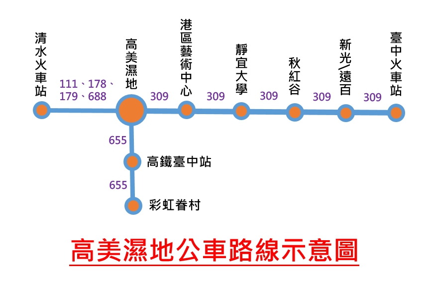 避免旅客塞車之苦，交通局在去年已新闢111、309、655、688、178、179路等6條聯外公車路線，供遊客從高鐵台中站、台中火車站及清水火車站前往高美濕地、梧棲漁港等周邊景點。 圖：台中市交通局提供
