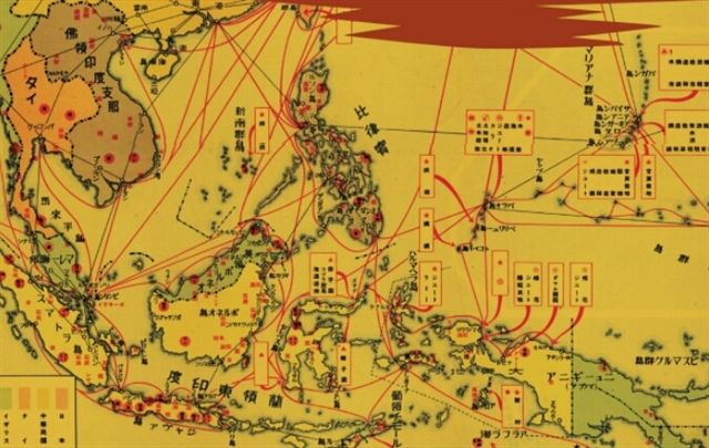 「南洋資源經濟地圖」除了彰顯高雄連結東南亞的重要位置之外，圖上標示出木材、胡椒、橡膠、米等東南亞各地的主要物產，透過史料的呈現，將發現台灣與東南亞的關係相當密切。 圖：高雄市文化局提供