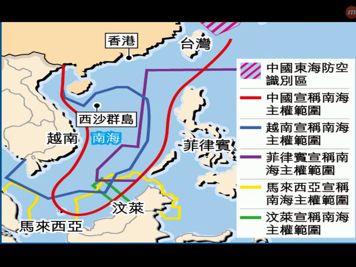從去年3月開始到今年底的國際海洋大陸年計畫，是由台灣與菲律賓、越南、印尼、馬來西亞等南海周邊國家，加上美國、日本、澳洲等國，組成國際團隊共同進行觀測、分享資料。圖為南海諸國所各自宣稱的主權和勢力範圍。 圖：翻攝自Youtube