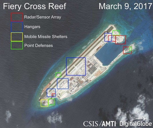 美國偵查發現，中國在南沙島礁部署電子干擾設備。 圖 : 翻攝自CSIS/AMTI