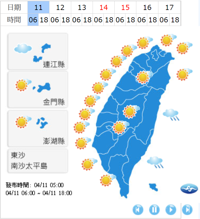 中央氣象局提醒，今白天各地氣溫持續回升，高溫可達29、30度以上，中南部甚至有32、33度，紫外線指數易偏高，外出活動請注意防曬並多補充水分。 圖：中央氣象局提供