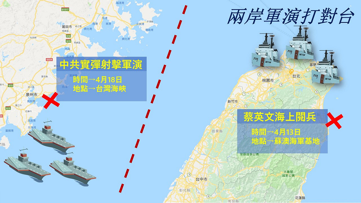總統蔡英文今 (13) 日前往蘇澳海軍基地，登艦校閱國軍。稍後中國發布消息，將在4 月18日，於台灣海峽海域進行實彈射擊軍演，兩岸軍演互別苗頭意味濃厚。 圖：新頭殼製作