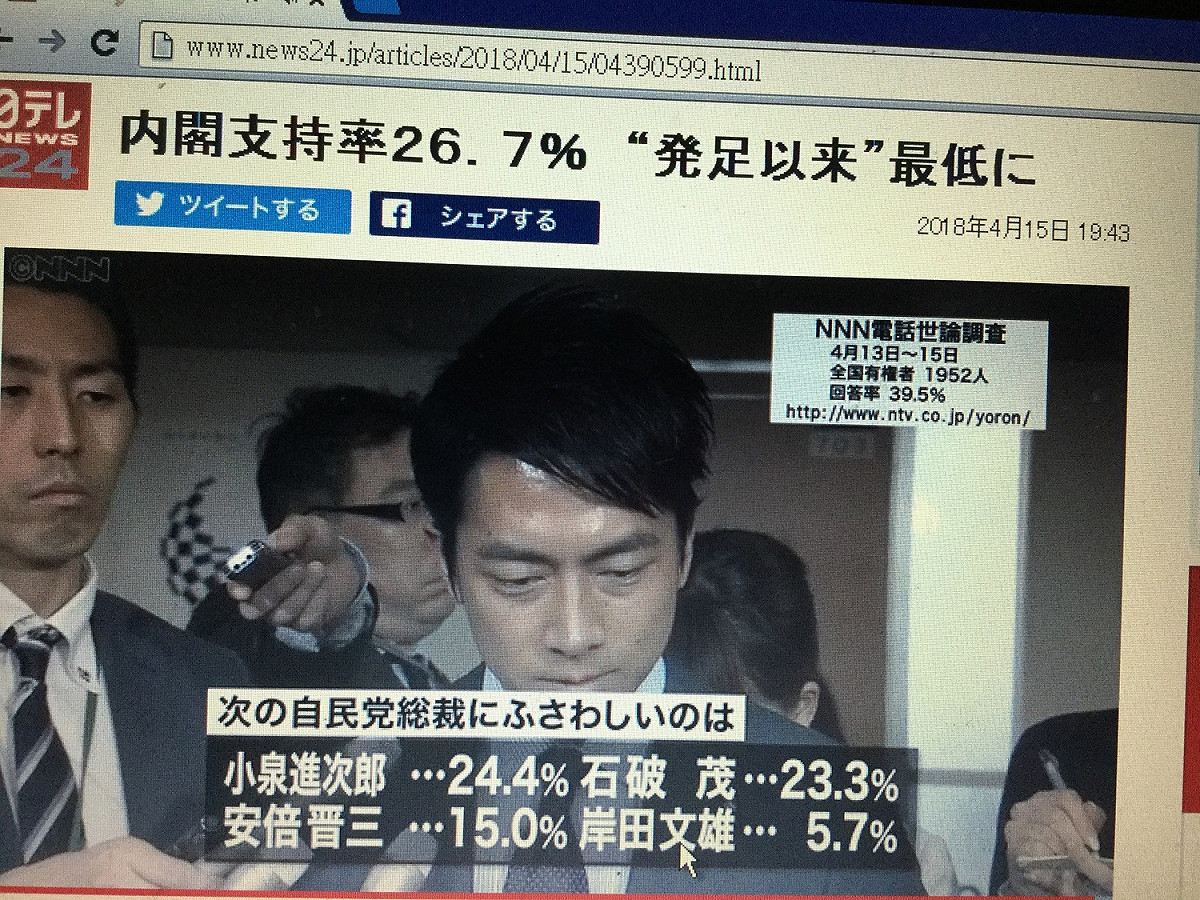 讀賣集團的NTV調查顯示，最適合出任下屆自民黨總裁的是小泉進次郎（小泉純一的兒子）。 劉黎兒攝自NTV官網