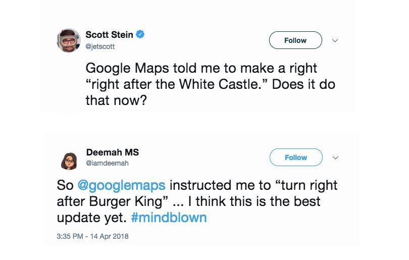 美國用戶發推特表示新版Google Map請他在「前方漢堡王右轉」、「白宮右轉」。 圖：翻攝自 Twitter