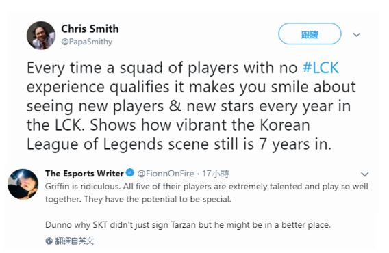 LCK英文解說及ESPN記者都對Griffin的夏季賽表現感到期待。 圖：翻攝自 Chris、Fionn Twitter