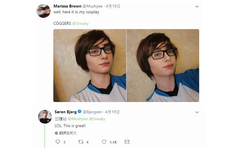 TSM當家中路Bjergsen也在底下留言：「這裝扮真棒！」 圖：翻攝自 Marissa 推特
