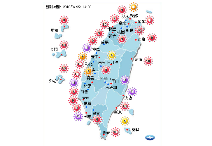 今(22)天中午過後各地紫外線指數飆升，尤其沙鹿、朴子、高雄、玉山、成功等ˋ測站紫外線指數已達到危險級。 圖：中央氣象局