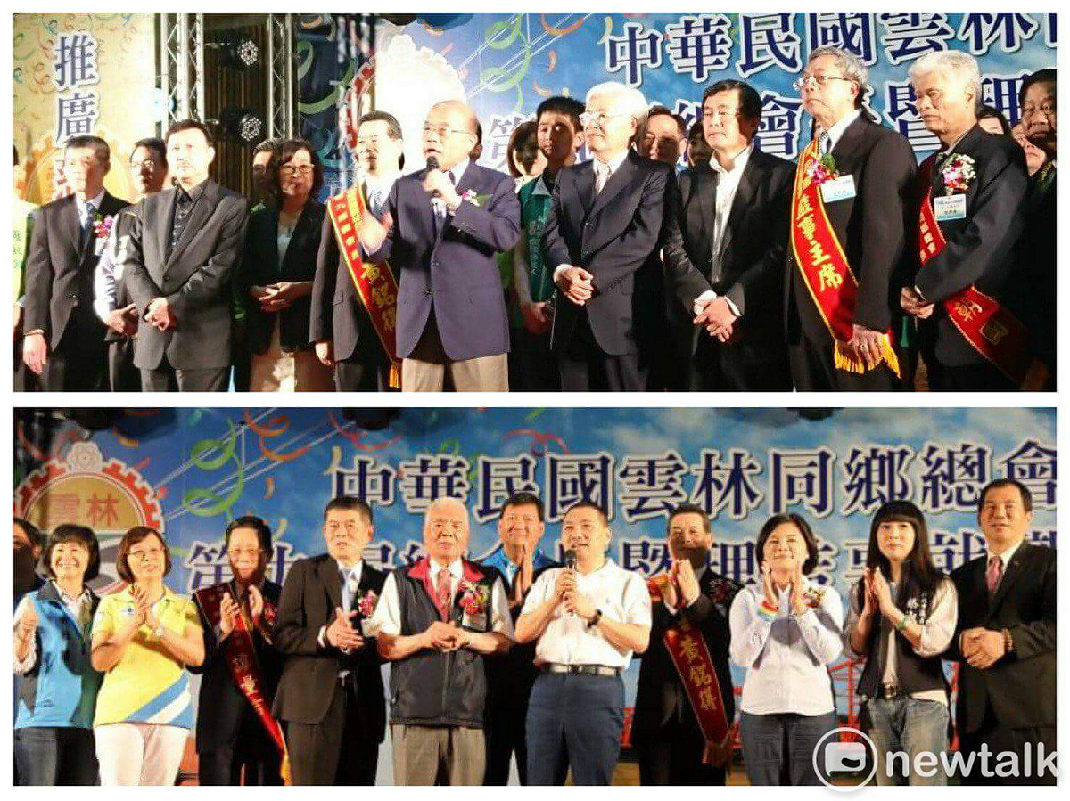 蘇貞昌和侯友宜兩人同場不同台，巧妙錯開時間。但正當蘇貞昌等民進黨人在舞台上展現團結氣勢時，侯友宜仍在台下逐桌敬酒致意，蘇貞昌隨後也由舞台另側逐桌敬酒致意，兩路人馬逐漸接近。晚間8時40分左右，蘇、侯兩人在媒體及支持人群圍繞下首次「王見王」，兩人互相握手，為對方加油打氣。 圖：新頭殼合成照片