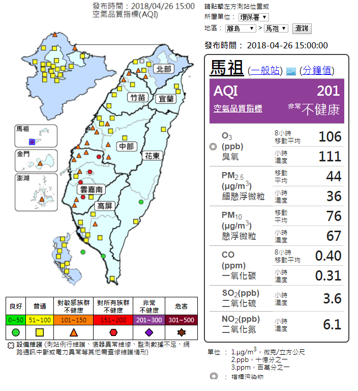 富貴角、陽明達橘色提醒，特別是馬祖，已達紫色警報，敏感族群應注意外出活動。 圖：環保署空氣品質監測網