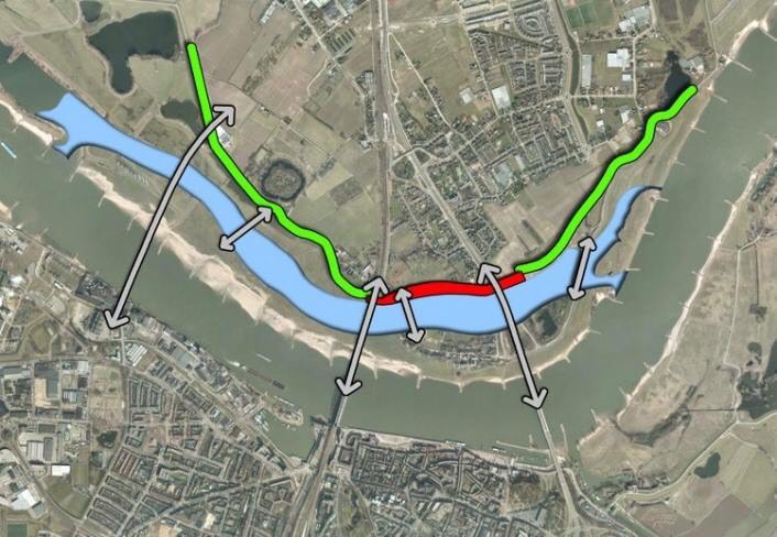 荷蘭Nijmegen 獨特的水岸公園衛星平面，及說明其防洪、溢洪作為。 圖 : 陳其邁辦公室/提供
