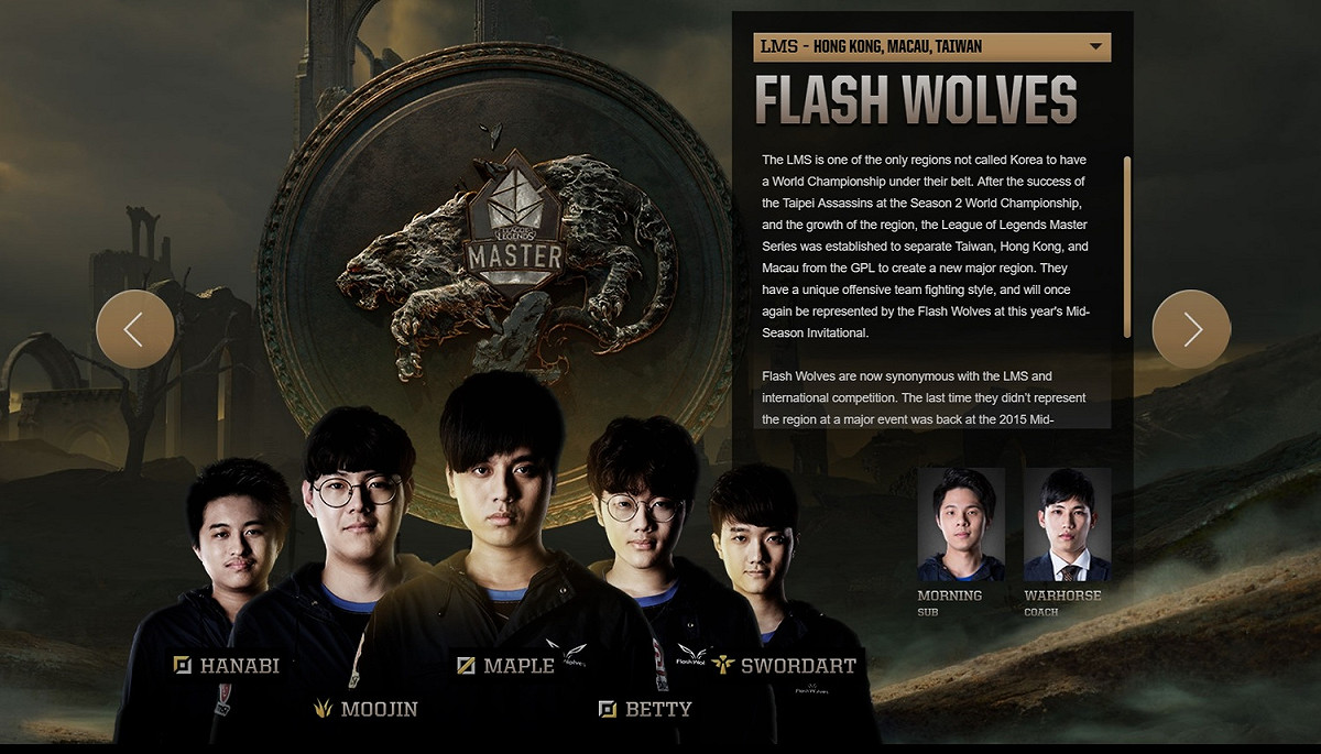 今（2）日凌晨，《英雄聯盟》官方公布了全球季中邀請賽（Mid-Season Invitational，簡稱MSI）的名單，台港澳賽區（LMS）代表隊伍閃電狼的名單也隨之公開，閃電狼上路選手選擇了Hanabi，替補選手則是選擇了打野Morning，先前的先發上路選手MMD並未在名單上。 圖：翻攝自 Riot Games 官網