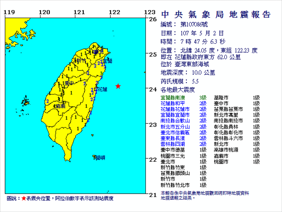 各地最大震度方面：宜蘭3級、花蓮、南投、新北、台北、台東、雲林2級，台中、桃園、新竹、苗栗、基隆、彰化、高雄、嘉義1級。 圖：翻攝自中央氣象局網站