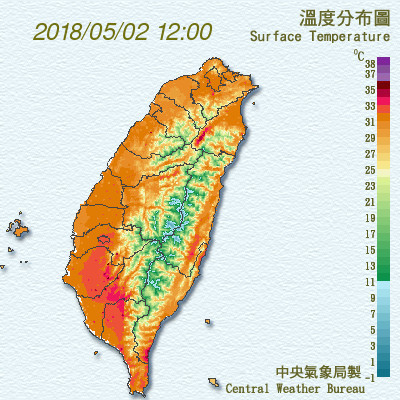 東南部地區朋友留意有焚風發生，因西南風過山沉降增溫，東南部地區易有焚風發生，目前大武氣象站高溫達36度，並有37度的機率，請注意防曬、多補充水分並預防中暑。 圖：中央氣象局提供