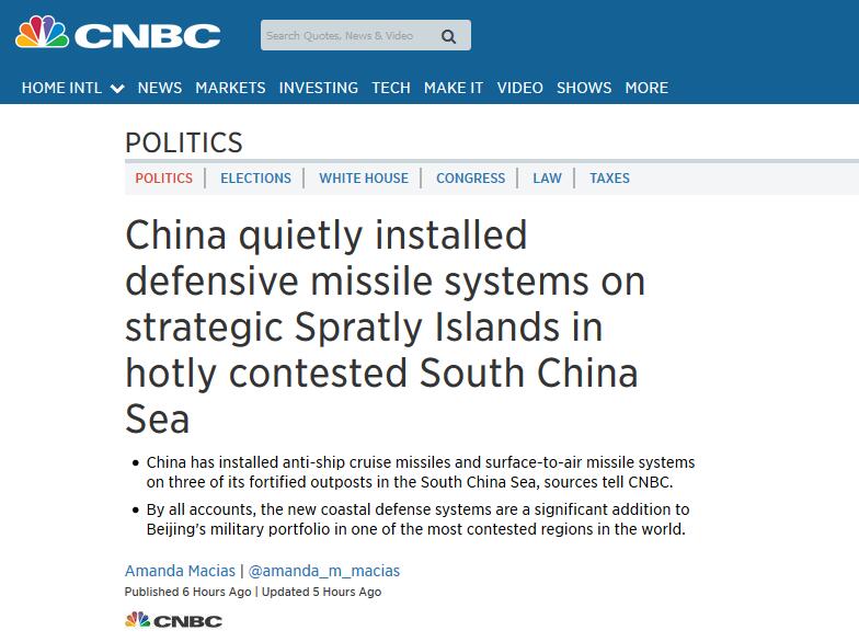 CNBC引述匿名消息人士報導，根據美國的情報評估，這些導彈是在過去30天內，移送到永暑礁、渚碧礁和美濟礁。 圖：翻攝自CNBC網站